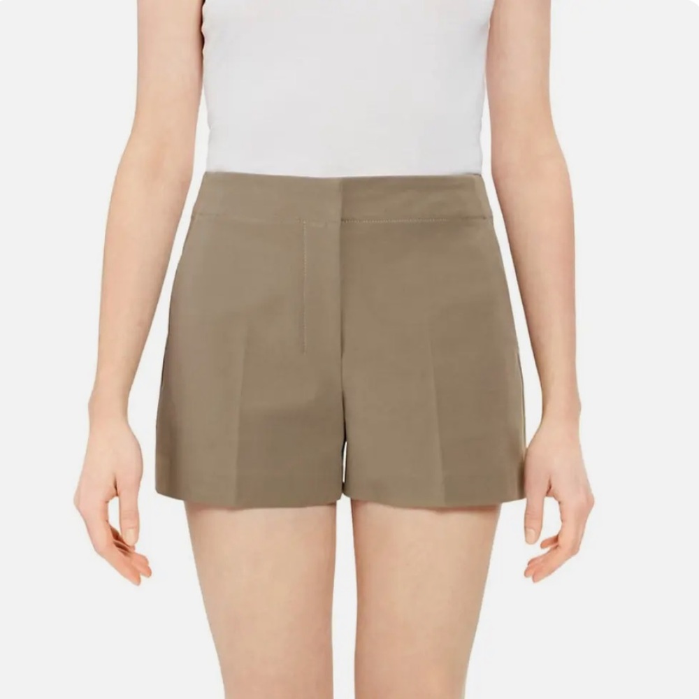 THEORY Double Stretch Cotton Mini Shorts in Khaki Green 8